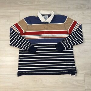 Vintage Lands End Rugby Shirt Mens XL Blue Striped Cotton Polo Y2K Preppy Retro